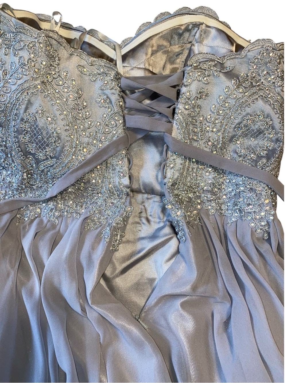 Strapless Grey-Blue Prom Evening Gown with Sweatheart Neckline and Corset Back - Picture 13 of 16